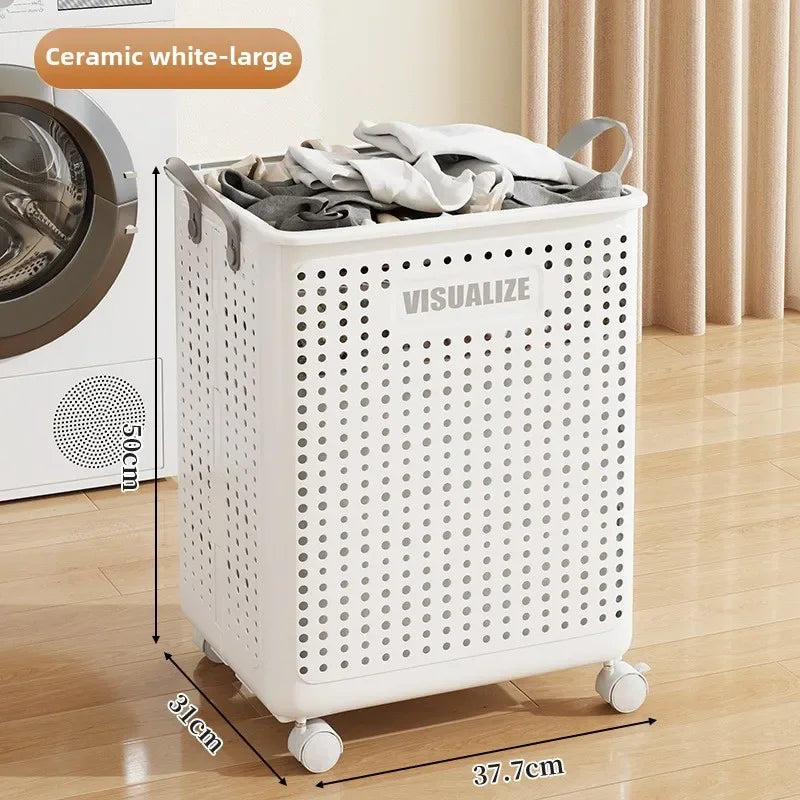 Folding Dirty Clothes Basket with Wheels Movable Laundry Hamper Storage Baskets Bathroom Large Capacity Dirty Clothes Basket