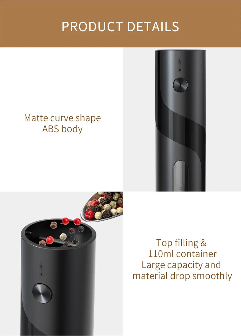 110ml Rechargeable Electric Salt and Pepper Grinder Shakers USB Automatic Djustable Coarseness Spice Mills for Kitchen Gadgets