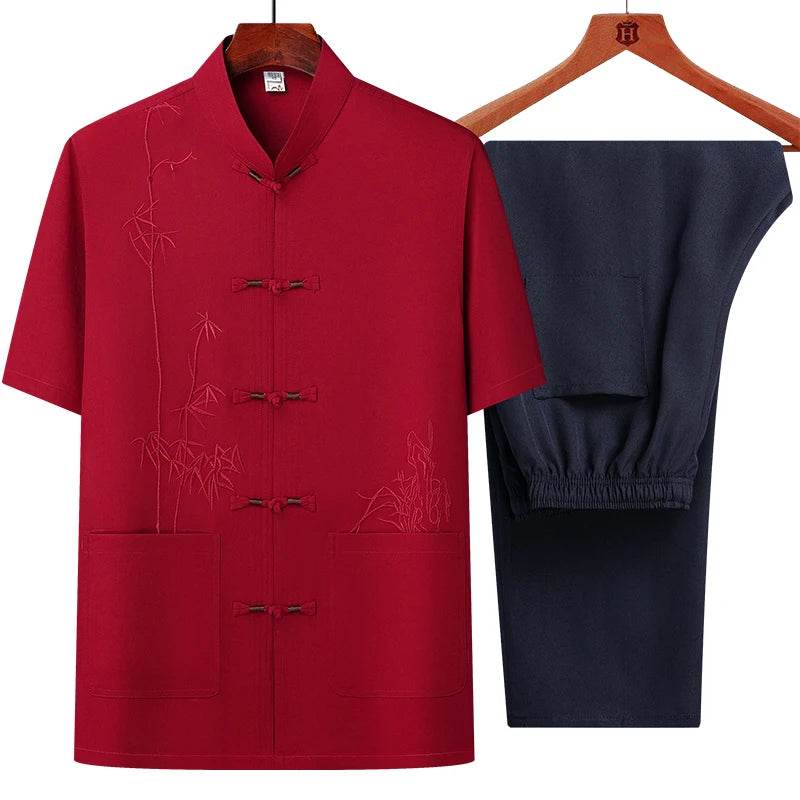 Men's sets (Shirt + trousers) 2025 summer new style men fashion shirt short sleeve shirt High quality shirts male Two Piece - AIAZ