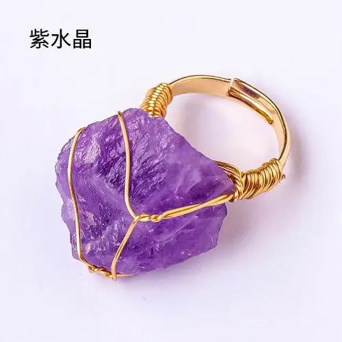 10-20mm Amethyst Rose Quartz Fluorite Natural Stone Irregular Gem Mineral Ring Jewelry Adjustable Hand Woven Ring