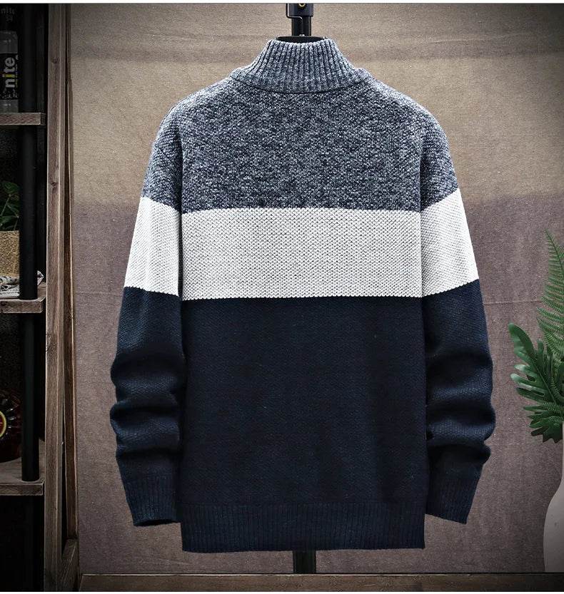Autumn Winter Cardigan Sweater Men Fleece Zipper Sweaters Velvet Contrast Striped Sweater Coats Casual Jackets - AIAZ