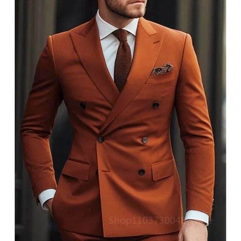 Solid 2 Pieces Men Suits Set Fashion New Men's Formal Business/Wedding Groom Suits Peak Lapel Double Breasted Blazer Trousers - AIAZ