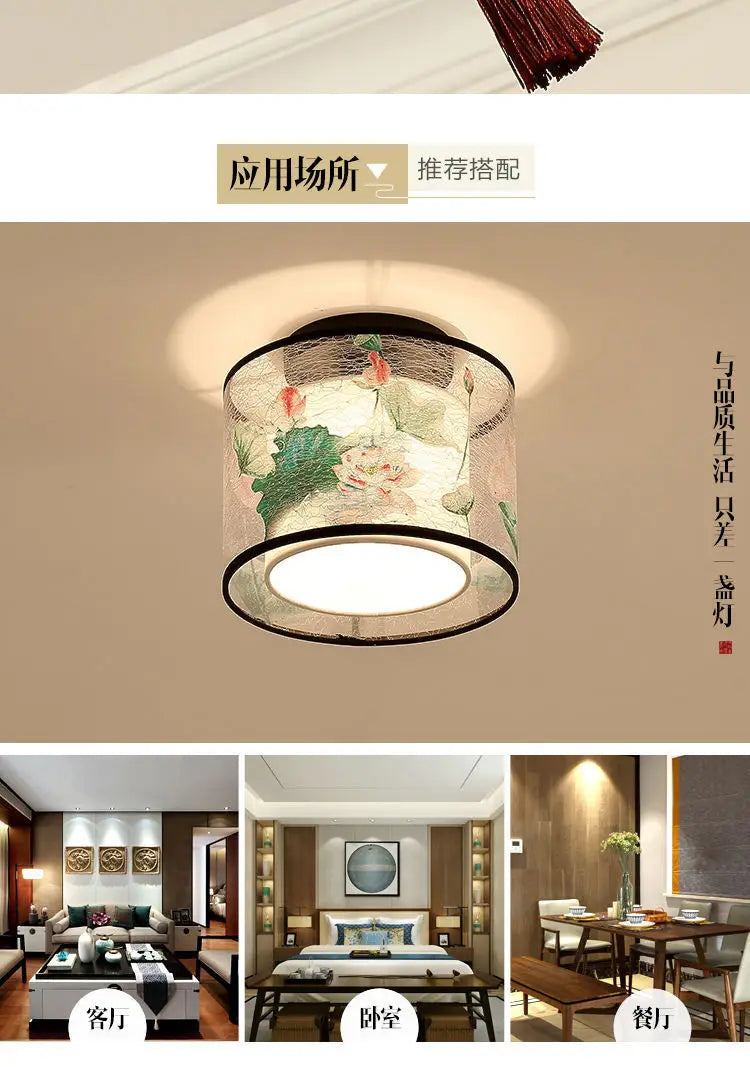 New Chinese Chandelier Lustre Ceiling Lamp Simple Corridor Chinese Painting Ceiling Lights Creative Suspendu Lotus Led Lighting
