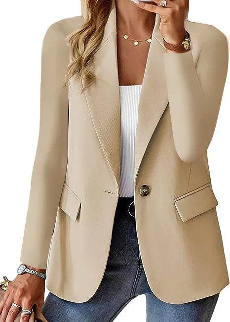Women's Oversized Blazer Jacket Business Suit Coat Lapel Long Sleeve Solid Button Casual Elegant Coat Trendy Loose Outwear - AIAZ