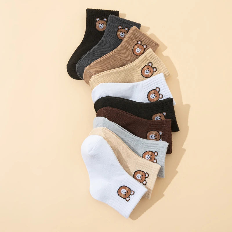 10 pairs cute little bear casual short elastic mid-calf socks, baby socks, boys' socks, girls' socks, children's socks