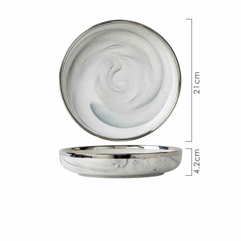 Light Luxury Ceramic Tableware Set Marble Fish Plates With Silver Rim Household Hotel LArge Capacity Soup Bowl Deep Plates