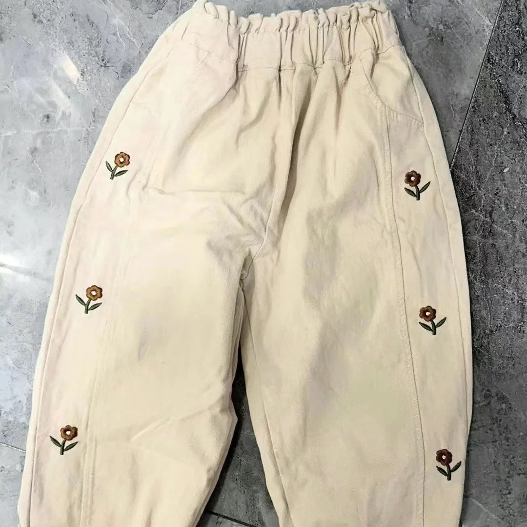 2025 Autumn Children Casual Pants 2-6T Girls Flower Embroidery Cotton Trousers Kids Baby