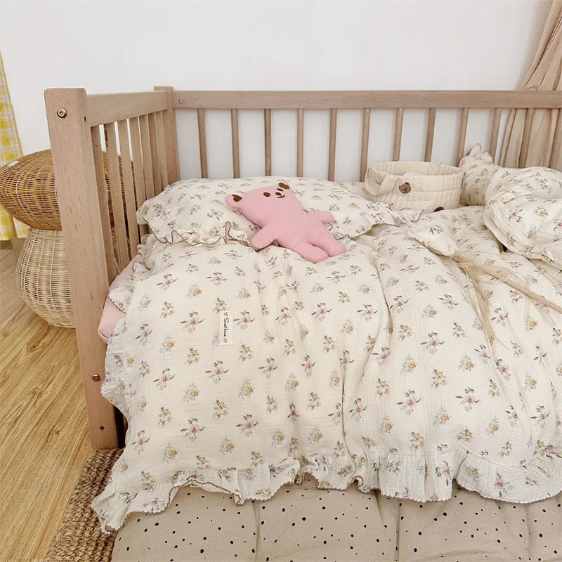 3pcs Bedding Set Vintage Floral Muslin Cotton Baby Children Crib Bed Linen Duvet Cover Sheet Pillowcase Without Filler