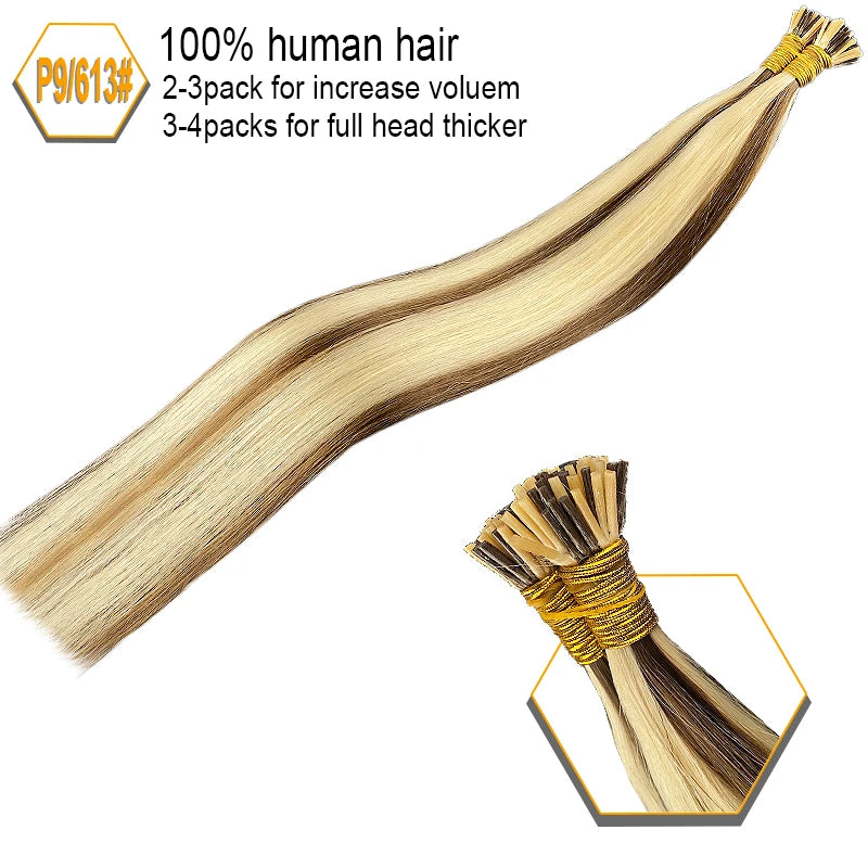 100% Human Hair Straight I Tip Hair Extensions Natural Real Human Fusion Hair Extensions Keratin Capsule Brown 613 Blonde Color