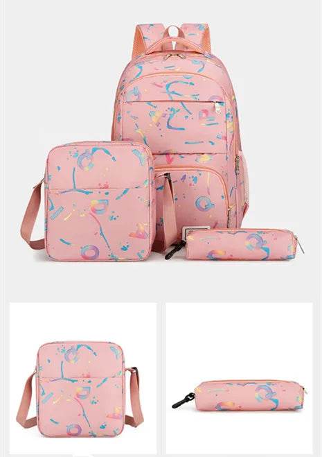Three piece set of large capacity school backpack versatile letter printed casual backpacks junior high school student schoolbag - AIAZ