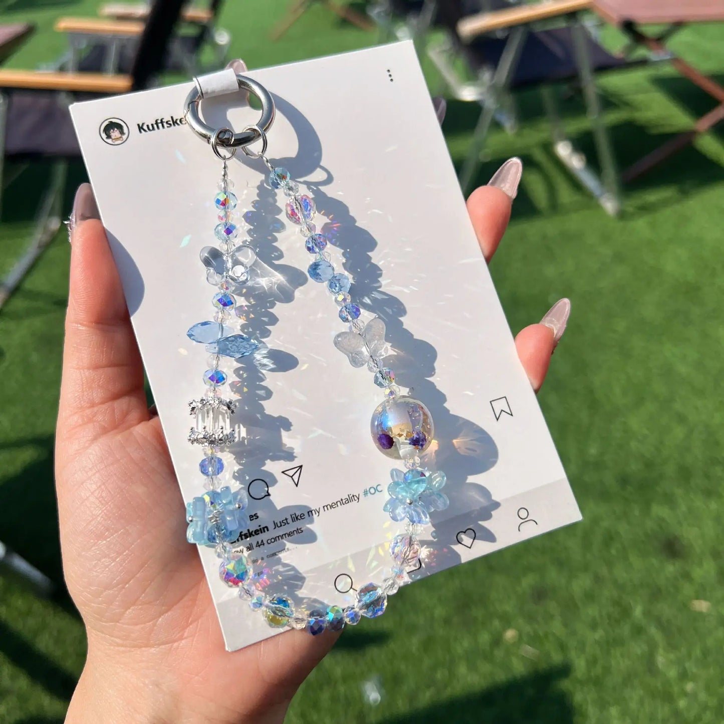 2025New Fashion Crystal Beaded Keychain for Women Phone Lanyard Wrist Strap 3 Colors (Pink/Blue/White) with Butterfly Charm Gift