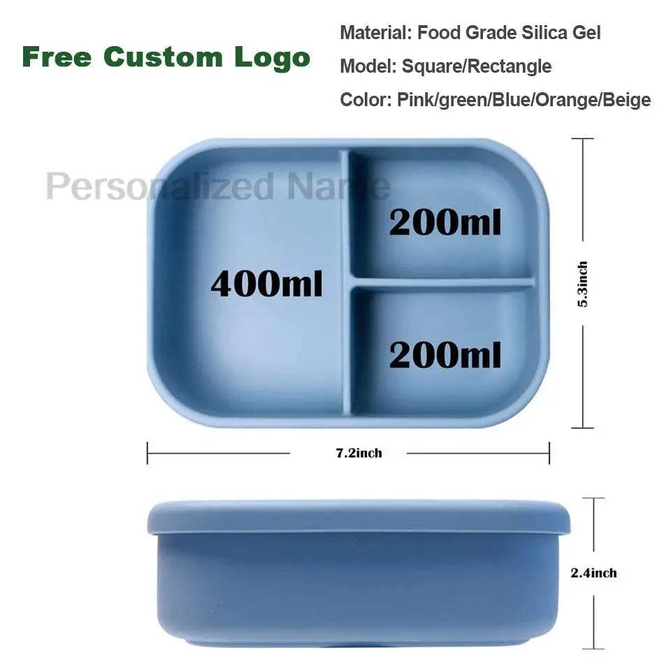 Personalized Name Lunch Box 3 Compartment Silicone Bento Box Portable Leak Proof Microwave Oven Lunch Box Picnic Food Container - AIAZ