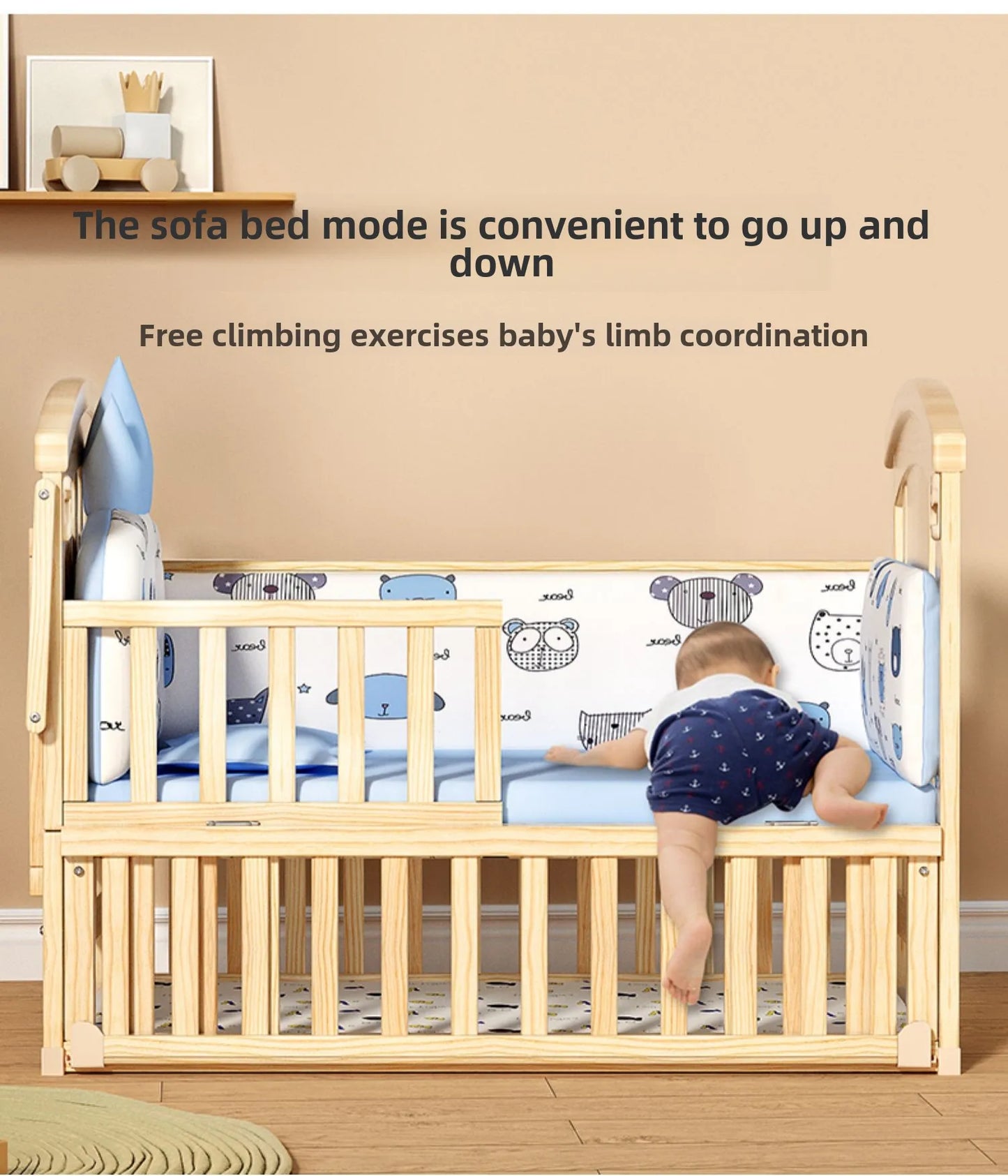 Crib Solid wood newborn baby cradle Multifunctional paint-free movable children's splicing bed air mattress 103 cm long