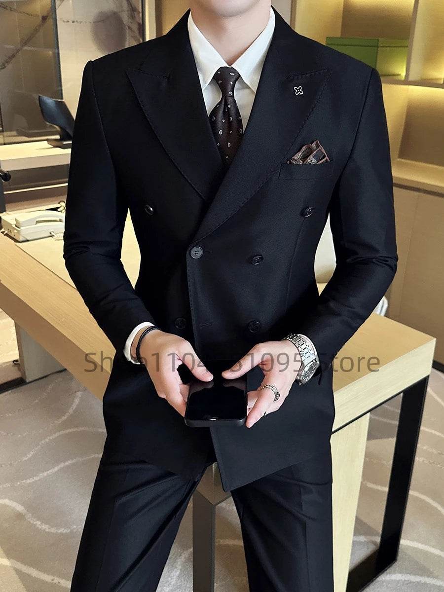 Fashion Navy Blue Business Men Suit Groom Wedding Party Prom Formal Occasion Tuxedos 2 Piece Clothes Set Peak Lapel Blazer Pants - AIAZ