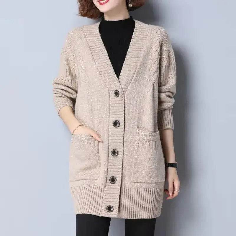 Knitted cardigan women's mid length westernized top autumn and winter new Korean version loose sweater age reducing jacket women - AIAZ