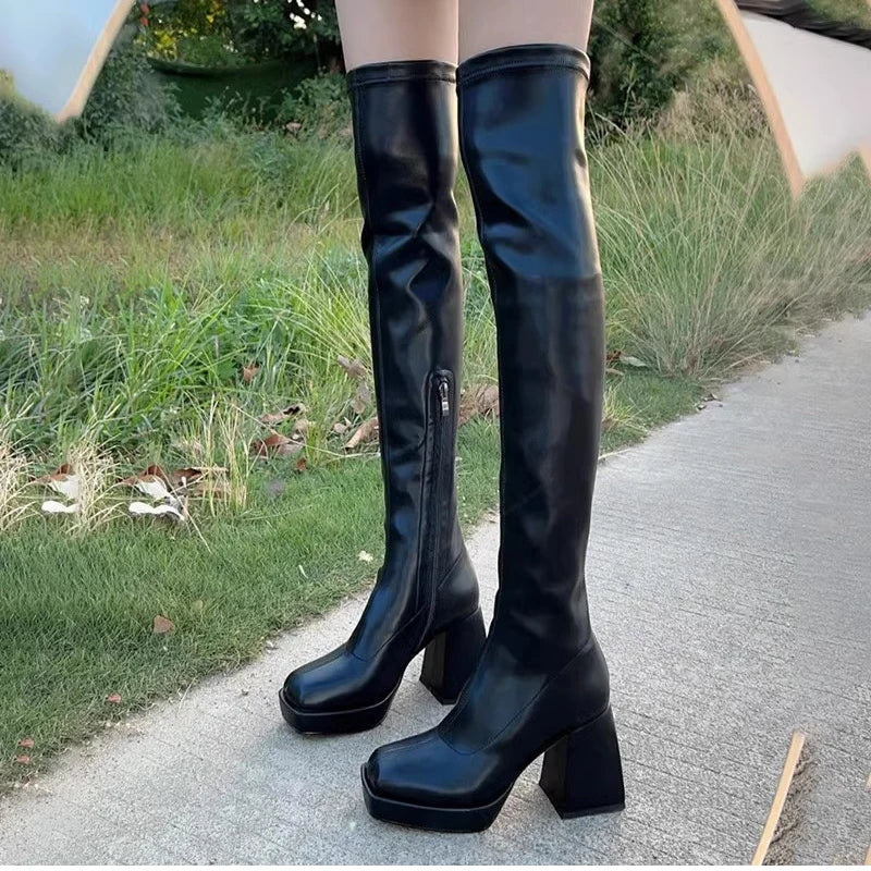 Autumn Winter Street Style Stretch Over The Knee Boots Women Fashion Round Toe Square Platform Heels Long Booties