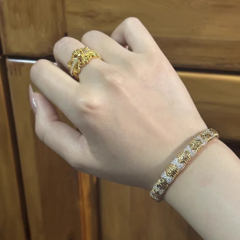 BELLUX Vintage Luxury Bracelet 925 Silver Gold Plated Full Diamond Distinctive Snake Open Bangle Unisex Jewelry