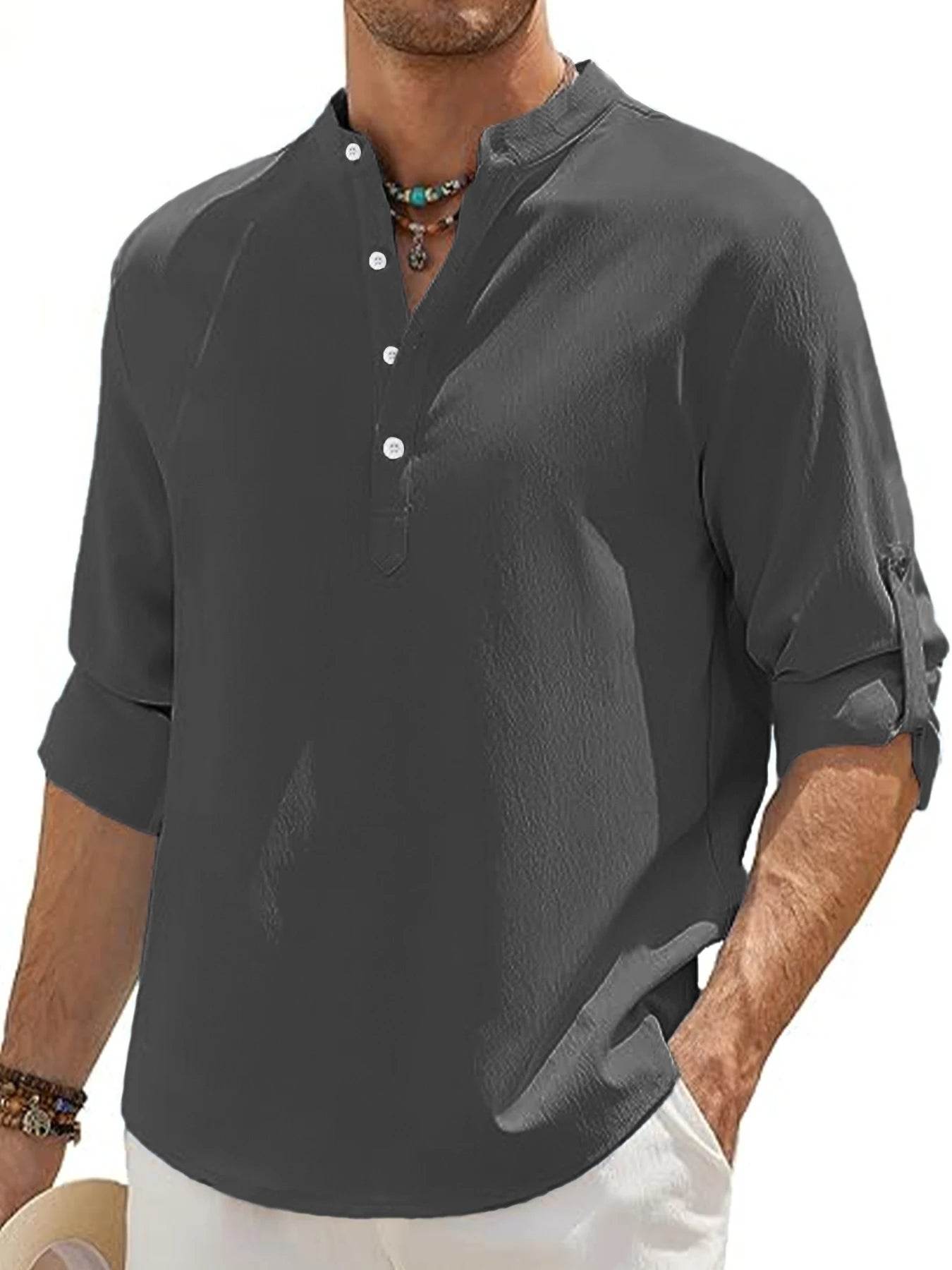 Men's Linen Shirt Summer 2025 Casual Short Sleeve Breathable Stand Collar Loose Fit Trendy Solid Color Youth Top with Pocket - AIAZ