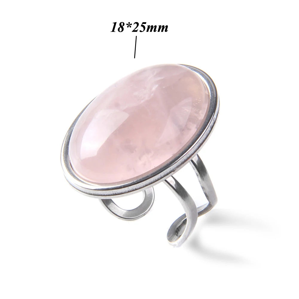 Cabochon Natural Stone Ring 10*14MM Oval Agates Turquois Quartzs Gem Finger Ring Silver Color Adjustable Open Rings Jewelry Gift