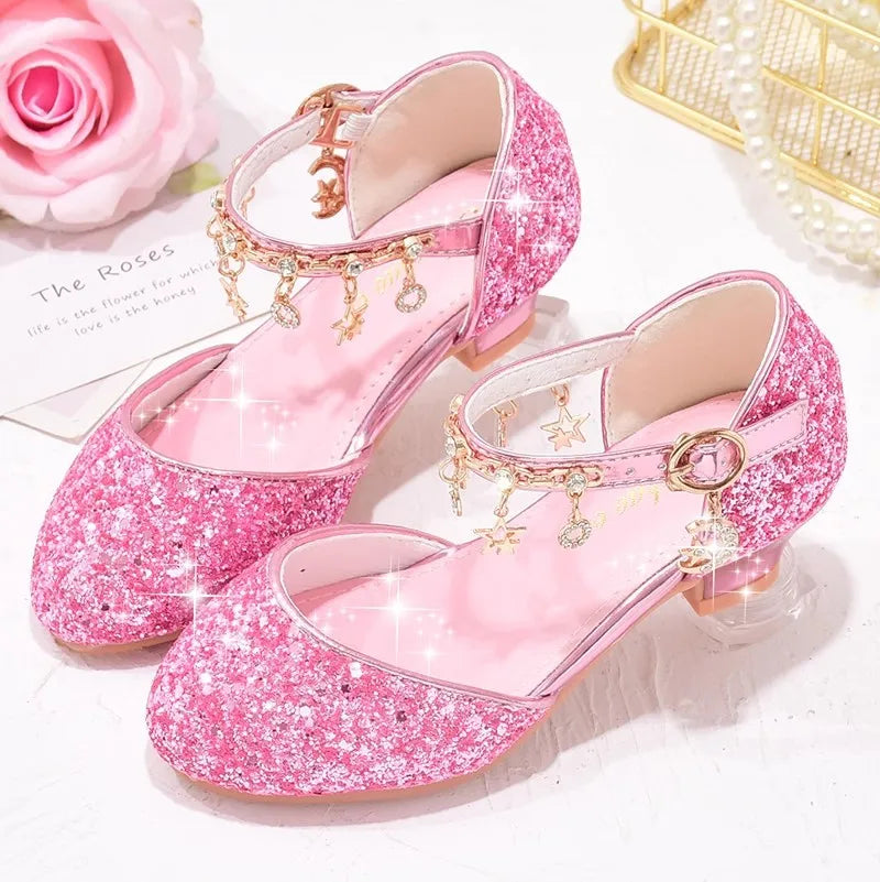 Heeled Dancing Shoes Due To Gold for Girls Glitter Shoes Heels Girls Princess Flowergirl Dresses Golden Girl Child Shoe for Wed