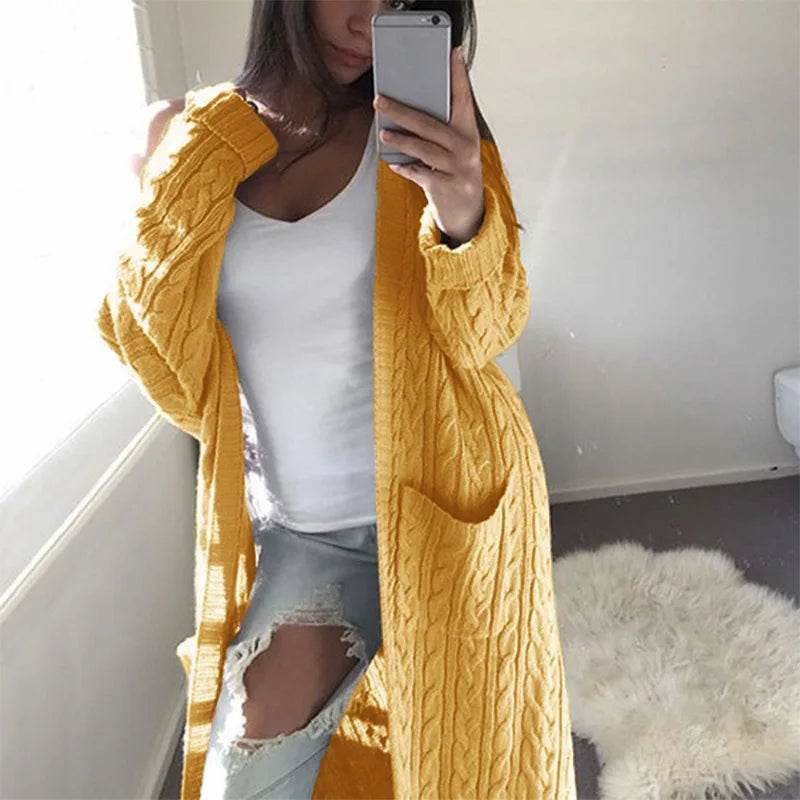 Women Knitted Cardigan Sweater Top Autumn Winter Vintage Fashion Loose Warm Long Sleeve Pocket Twisted Long Knitwear Outwear - AIAZ