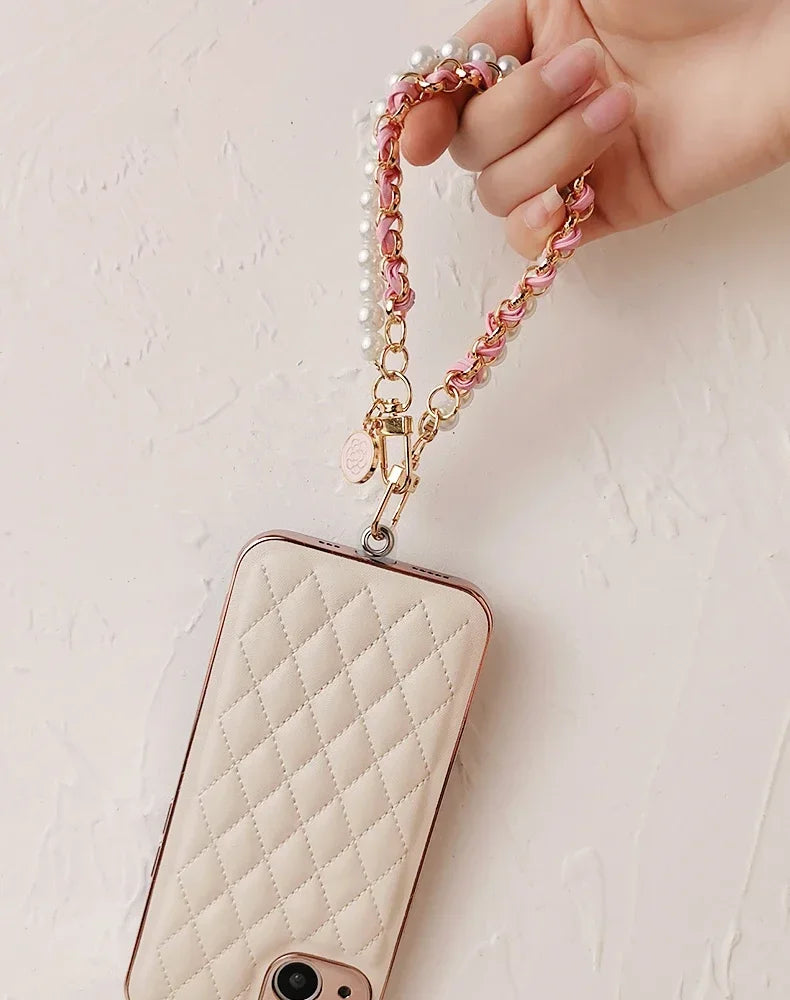 26cm Leather Pearl Camellia Mobile Phone Charm Bracelet Chain Anti-lost Universal Cell Phone Strap Rope Pendant Metal Key Chain