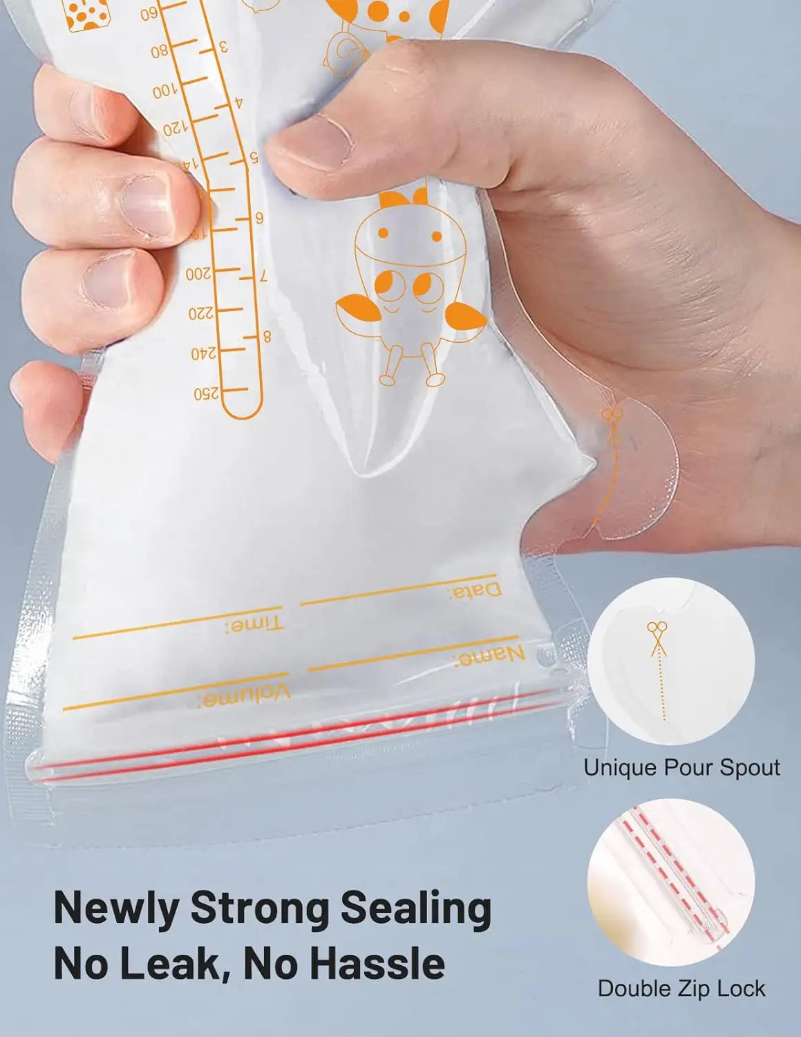 250ml 100pcs Breastmilk Storage Bag Self Standing Baby Food Storage Containers No Leak Milk Freezer Bags Safe Feed BPA Free
