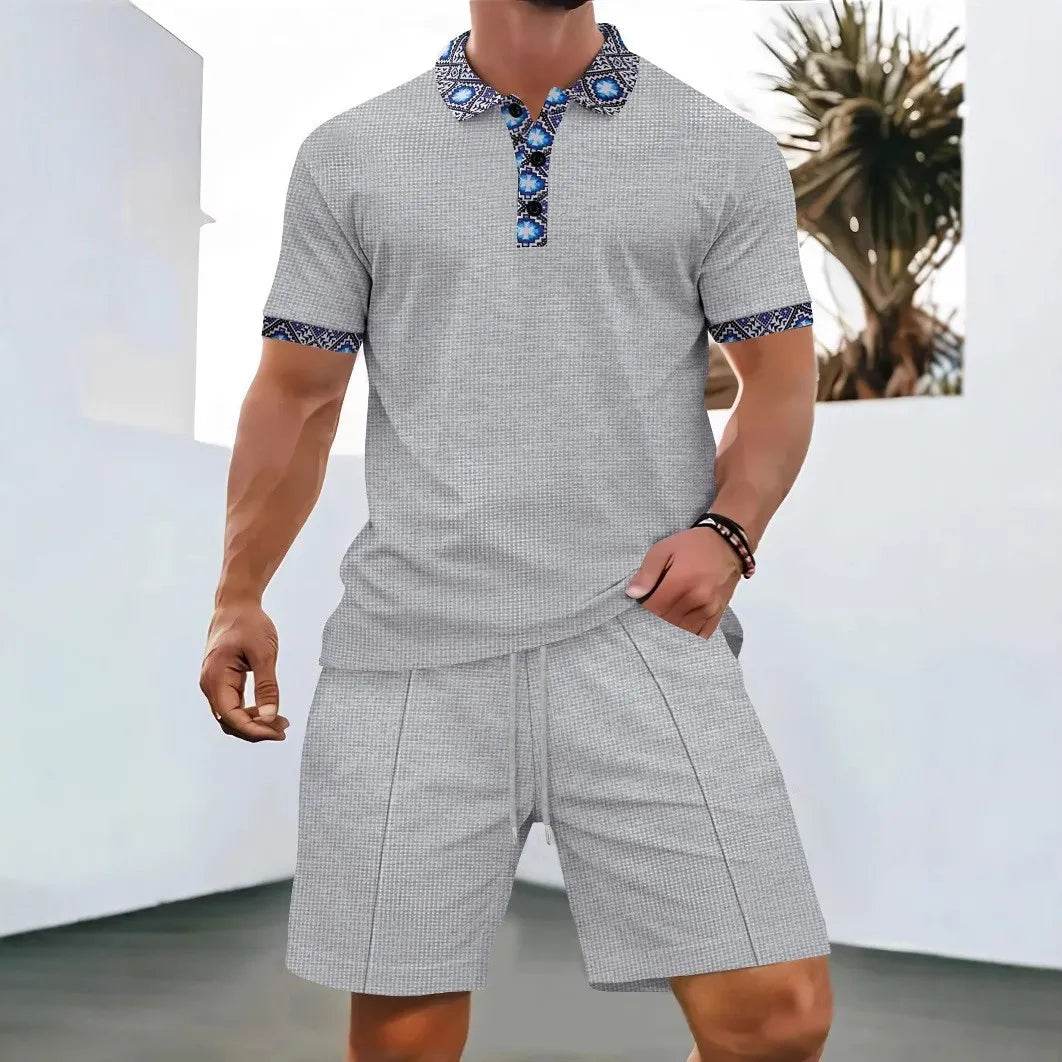 2025 Men Europe and the United States new summer Waffle solid color zip-up lapel short-sleeve suit shorts two sets - AIAZ