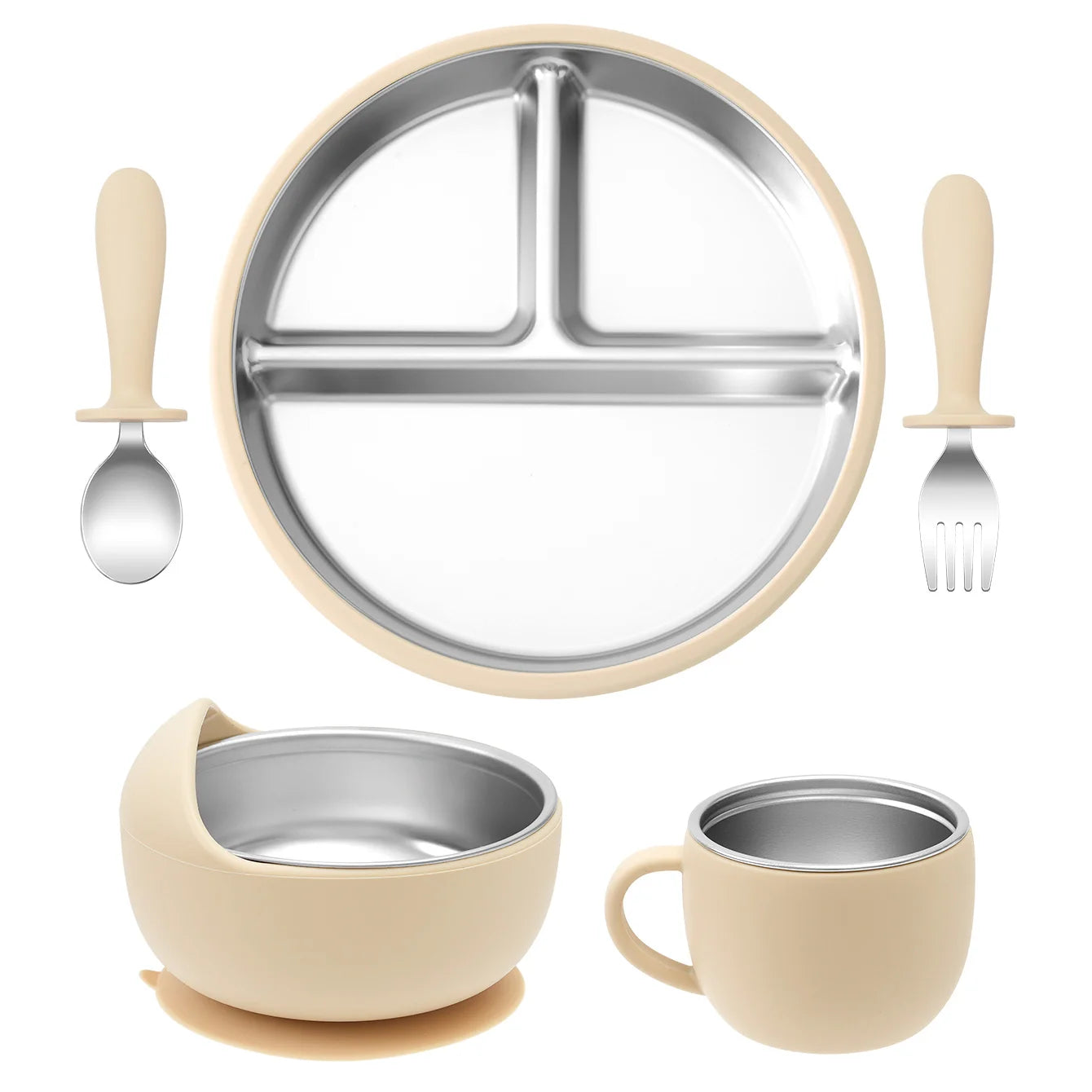5PCS Stainless Steel Detachable Dishes Plate Baby Feeding Set With BPA Free Silicone Bowl Cup Infant Training Fork Spoon Gifts