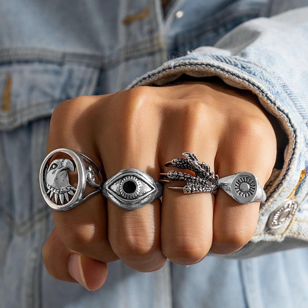 2024 New Tide Individuality Retro Geometric Hollowing Inlay Gem Rings SetLiquid State Metal Four-Piece Rings Set Paty Jewelry