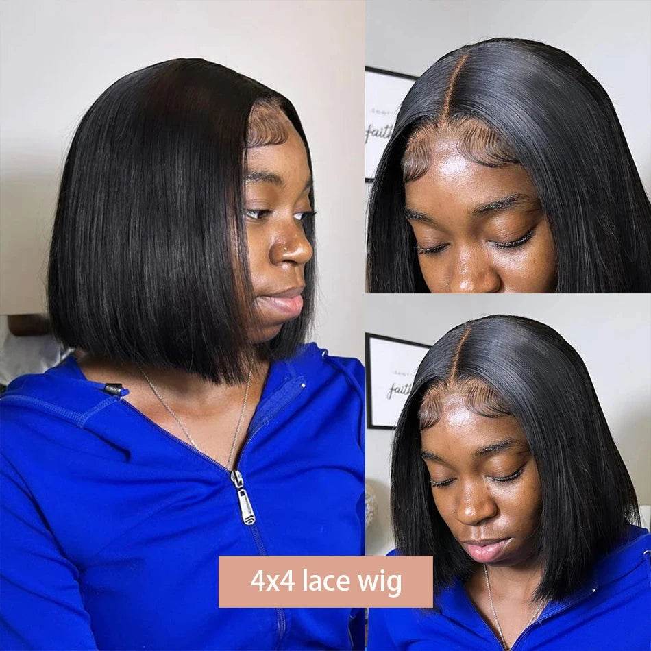 13x4 Bone Straight Bob Wig Lace Front Human Hair Wigs 4x4 Short Bob Wig Lace Frontal Wig 100% Human Hair 200% Density 12 14 Inch - AIAZ