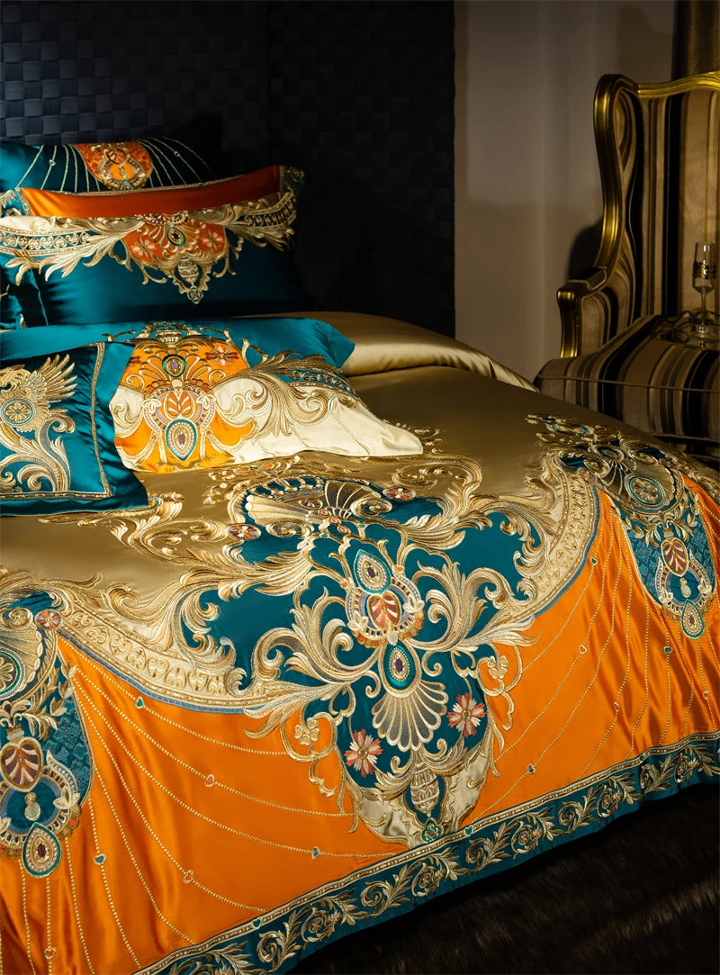 4/6/9Pcs Gorgeous European Palace Style Royal Embroidery Bedding Set Brocade Egyptian Cotton Duvet Cover Bed Sheet Pillowcases