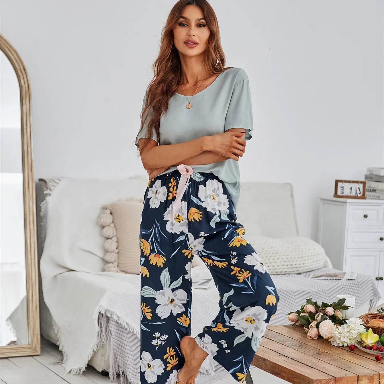 Breathable 2PCS Pajama Short Sleeve Printed Pijama Mujer Femme Loose Nightwear Suit Female Casual Homewear Pajama Set For Women - AIAZ