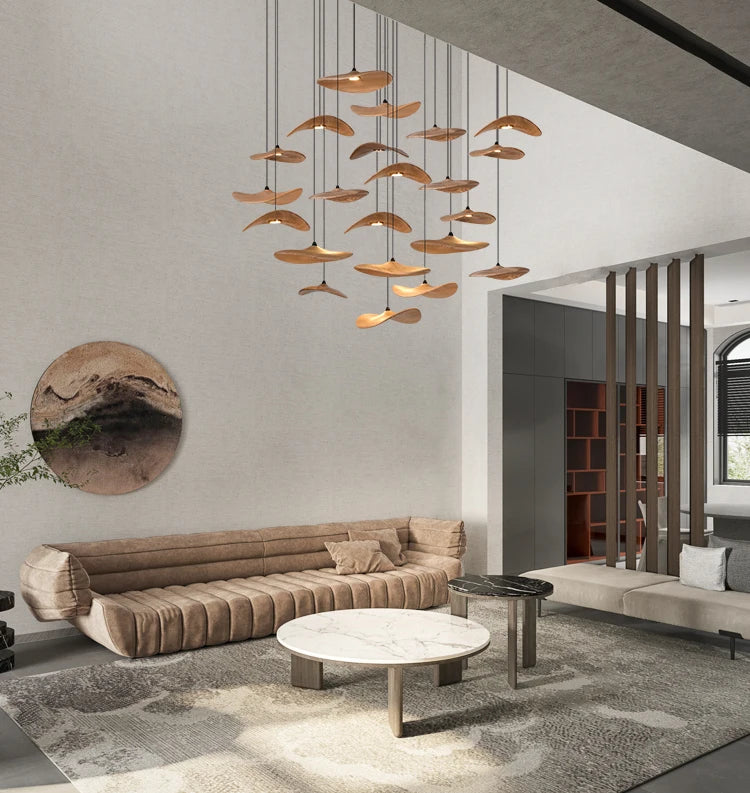 Japanese Lotus Leaf Chandelier Wabi Sabi Solid Wood Lamp Living Dining Room Zen Tearoom Villa Duplex Kitchen Island Linear Light