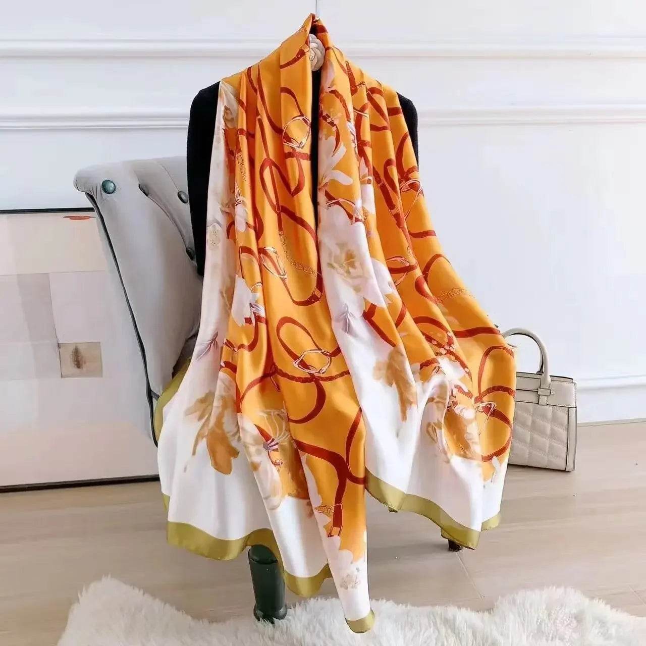 New Summer Women's Silk Scarf Sun Protection Satin Print Extra Long Beach Cover Up Decorative Mom's Shawl Fashionable Accessory - AIAZ