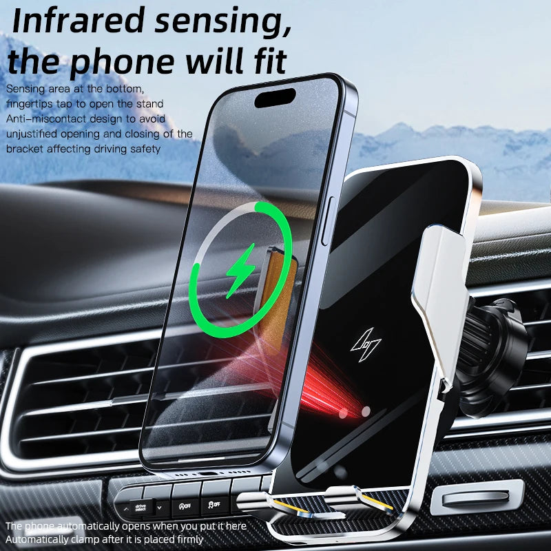 15W Wireless Car Phone Holder with Fast Charger Wireless Phone Charging Mobile Holder for Car for iPhone Huawei Samsung Xiaomi
