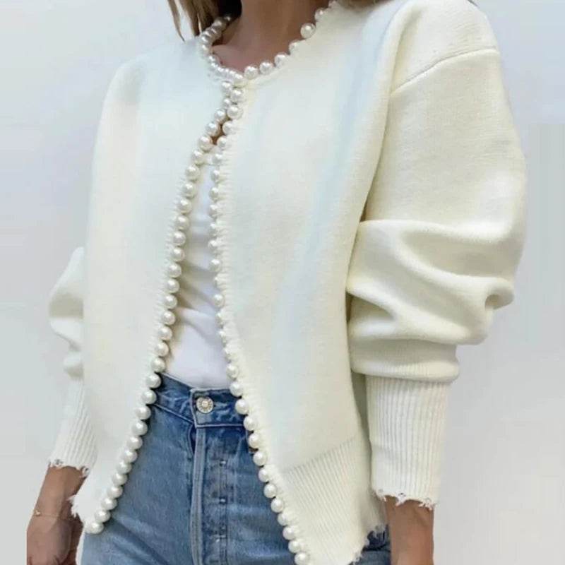 Women Casual Cardigan Sweater Elegant Long Sleeve Knit Sweater With Pearls Elegant White Sweater Coat Jacket - AIAZ