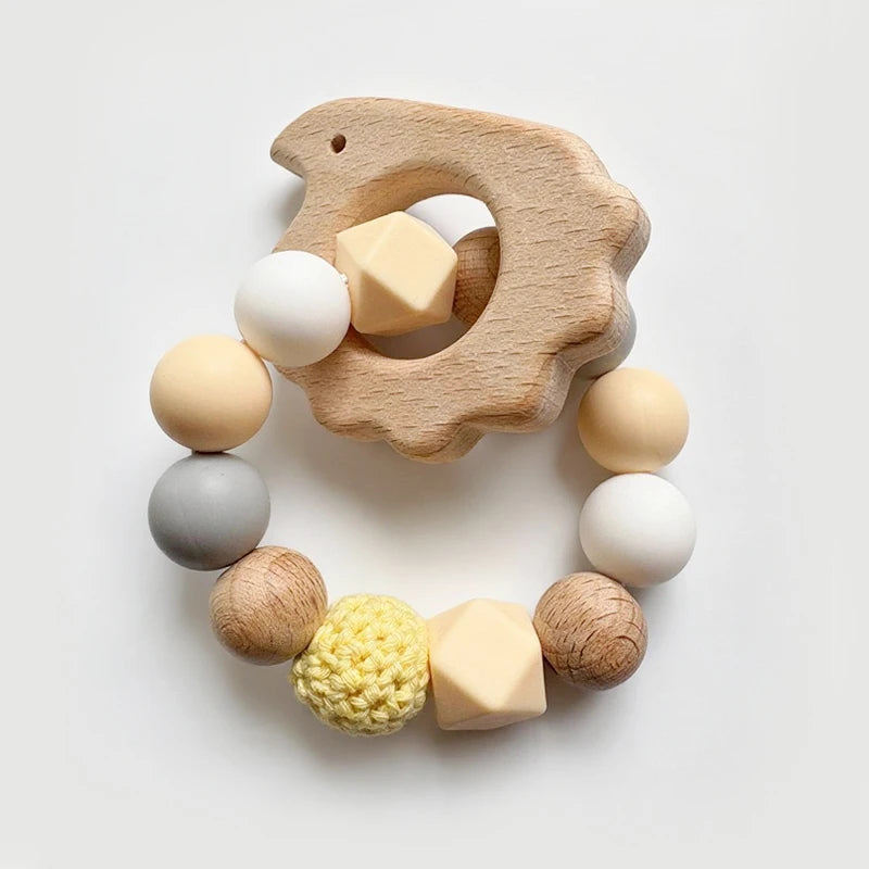 Baby Teether Bracelet Crochet Wood Crafts Engraved Bead Food Grade Silicone Beads Wood Animal Pendant Teething Toys For Rattle
