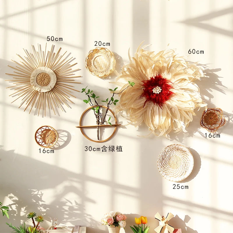Bohemian Wall Decorations, Woven Grass and Rattan Wall Ornaments, Wall Decorations for Restaurant Background Walls