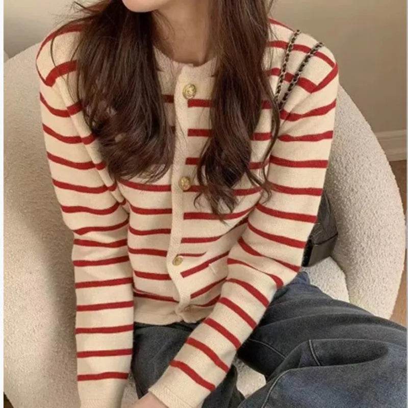 Women Stripe Knitted Cardigans Spring Autumn O-neck Single Breasted Long Sleeve Crop Tops Fashion Casual Chic Female Sweaters - AIAZ
