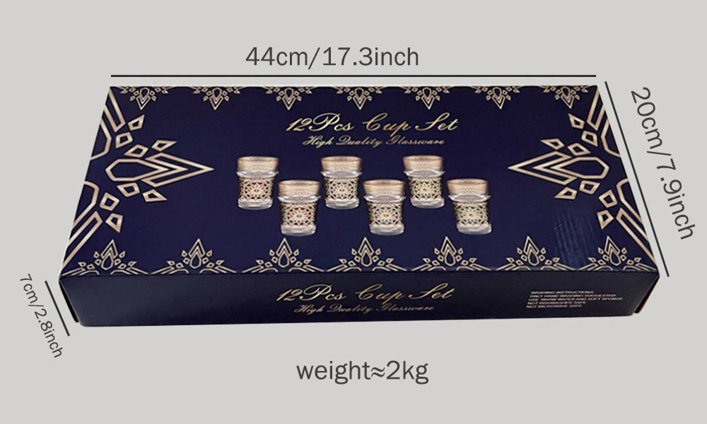 12-piece set, Light luxury style Moroccan glass cup, Türkiye Saudi restaurant tea cup, Mosaic paper gilding water cup, gift cup