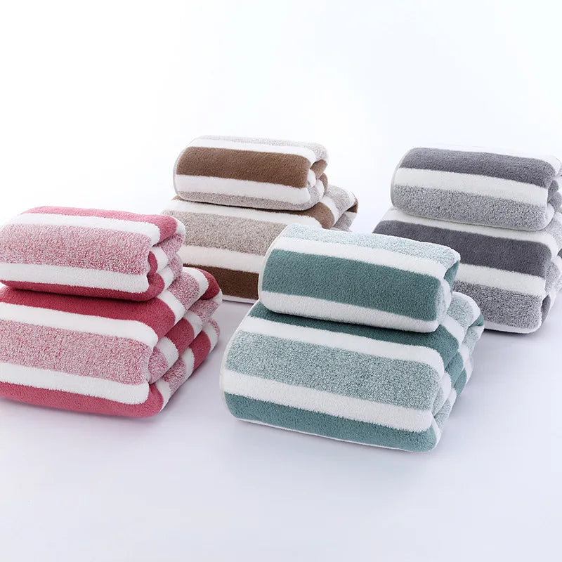 2PCS Thickened Absorbent Bath Towel Striped Pattern Towel Set Soft Face Towel for Home Bathroom Spa Quick Drying Microfiber
