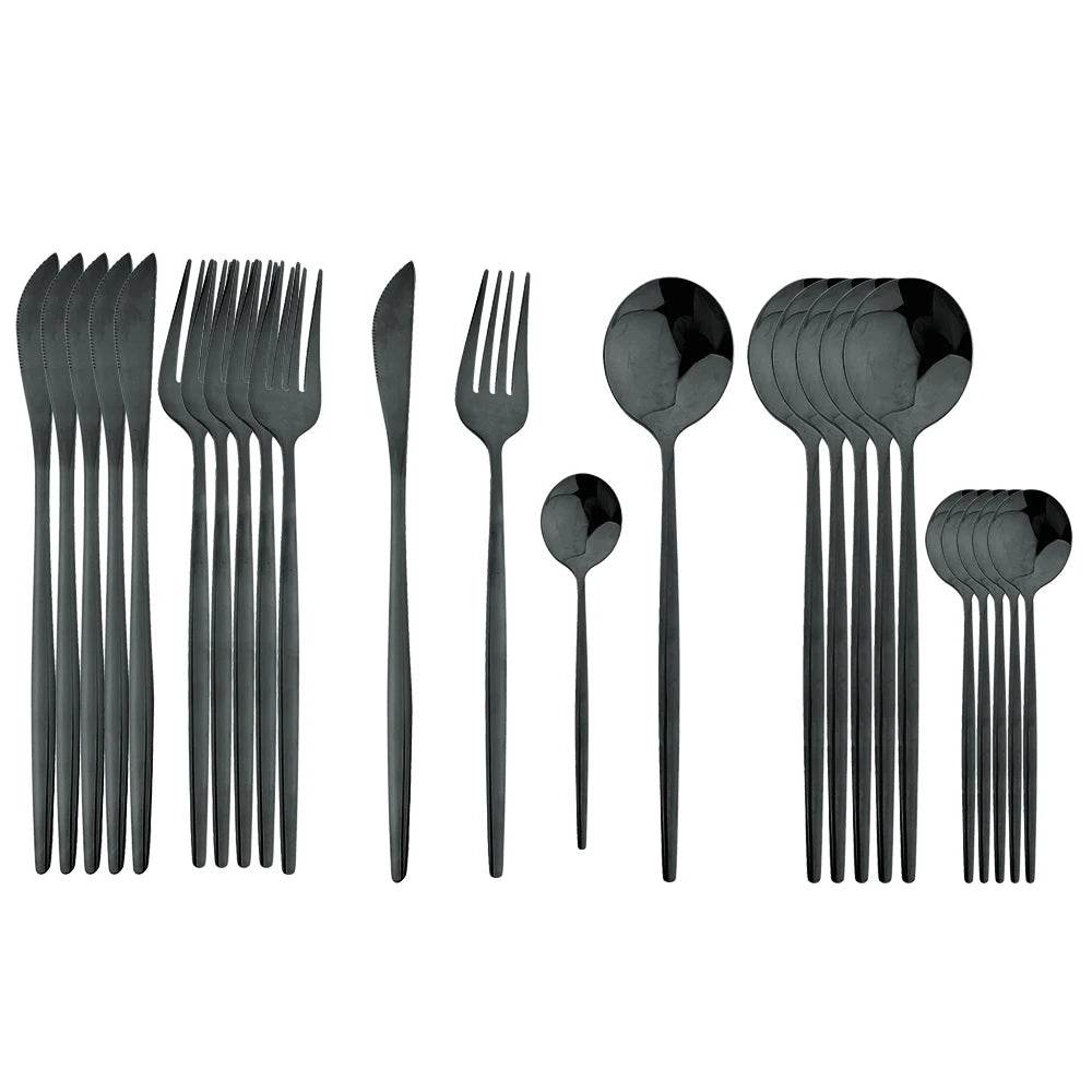 24Pcs Black Handle Golden Cutlery Set Stainless Steel Knife Fork Spoon Tableware Flatware Set Festival Kitchen Dinnerware Gift - AIAZ
