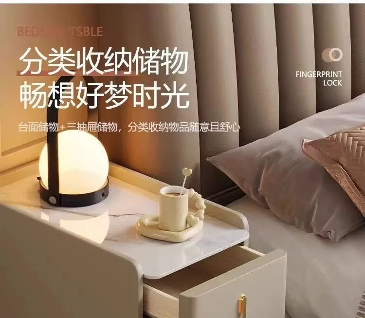 Nordic Style Intelligent Solid Wood Bedside Table Faux Leather 3 Drawers Nightstands with Wireless Charging Side Storage Cabinet