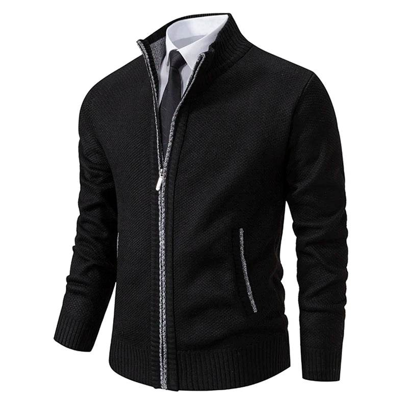 Autumn And Winter New Jersey Men's Casual Sports Coat Solid Color Stand Collar Wweater Grab Fleece Warm Zipper Cardigan - AIAZ