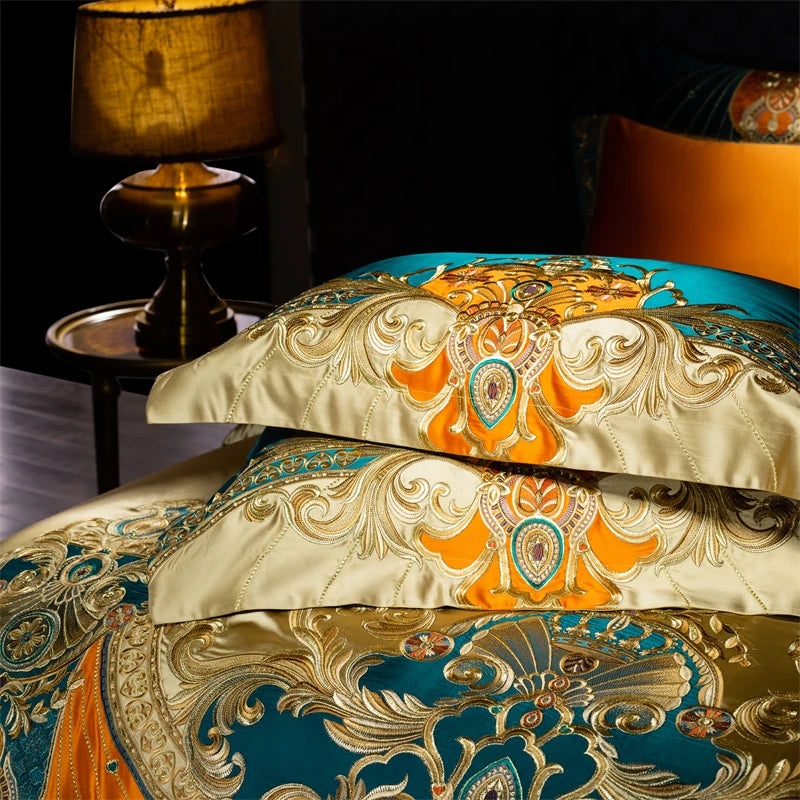 4/6/9Pcs Gorgeous European Palace Style Royal Embroidery Bedding Set Brocade Egyptian Cotton Duvet Cover Bed Sheet Pillowcases