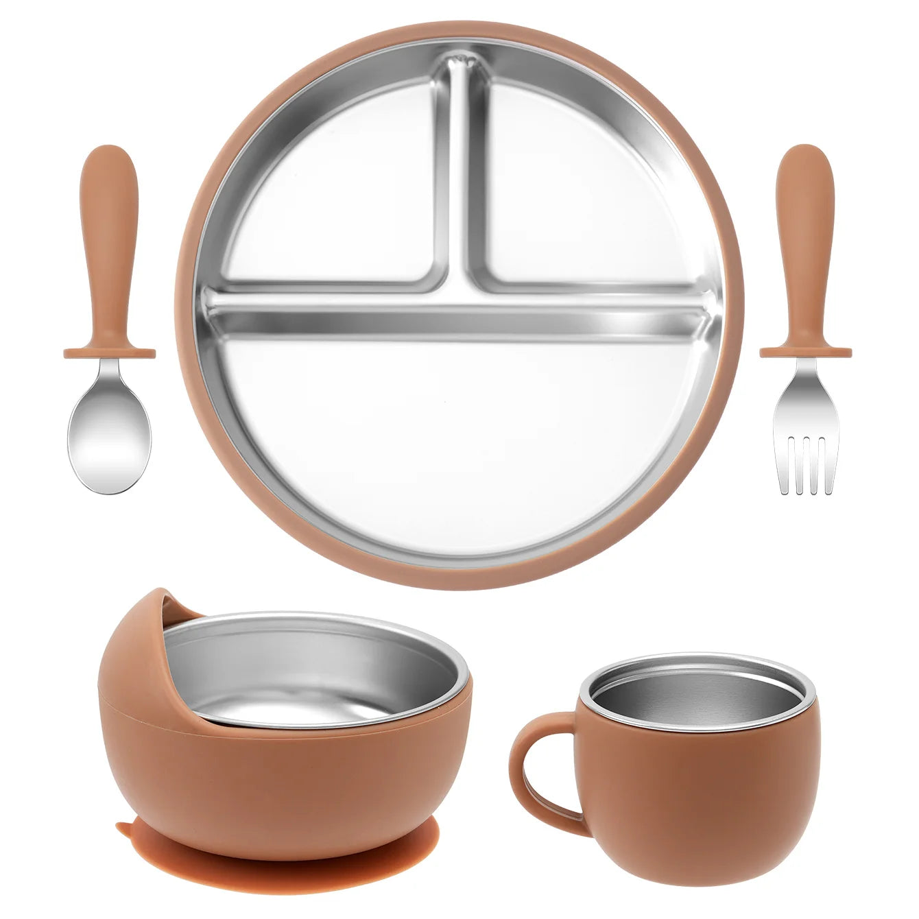 5PCS Stainless Steel Detachable Dishes Plate Baby Feeding Set With BPA Free Silicone Bowl Cup Infant Training Fork Spoon Gifts