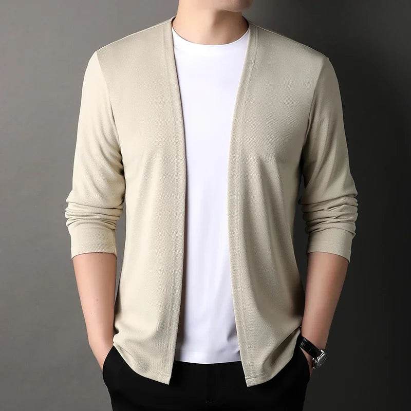 New Men's Casual Solid Color Long Sleeved Cardigan Cloak Spring and Autumn Fashionable Comfortable Top - AIAZ