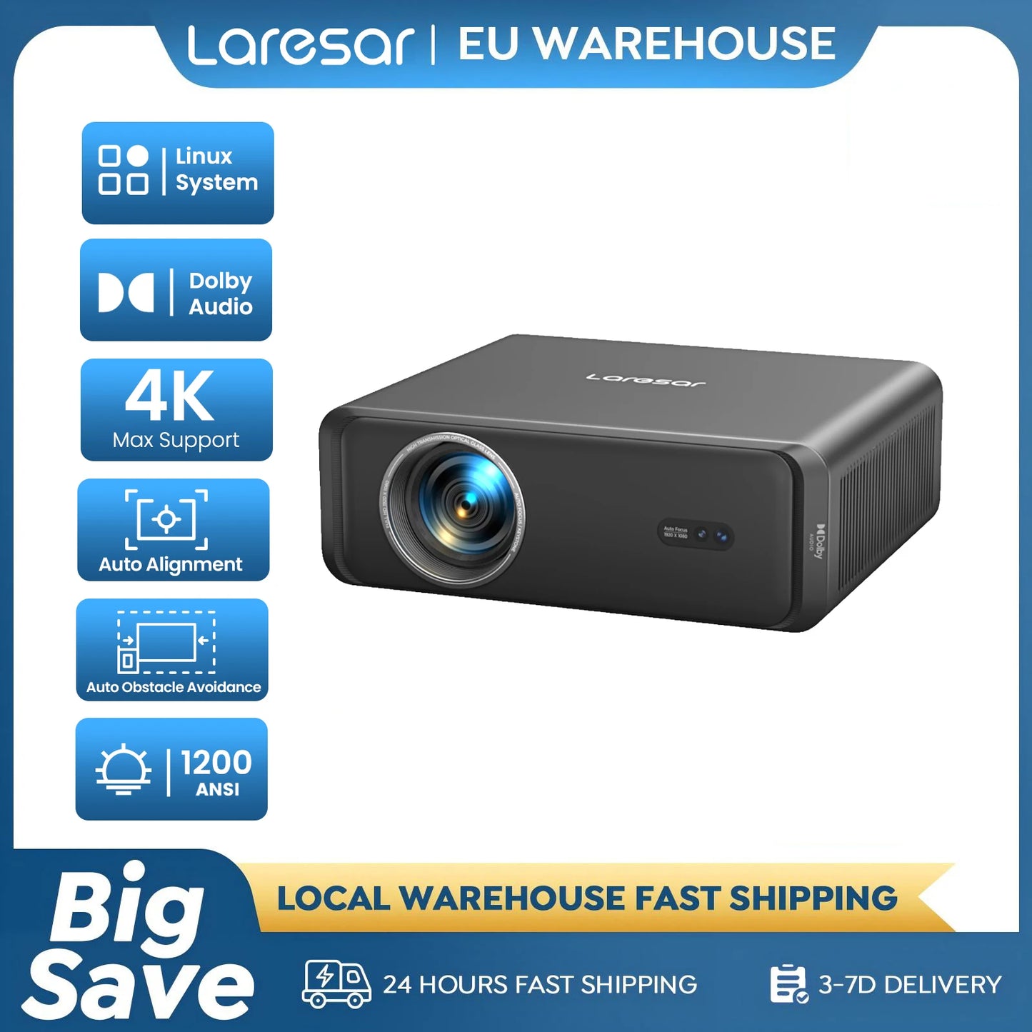 Laresar A1 Projector 4K 1200ANSI Netflix Officially Native 1080P Android TV Auto Focus/Keystone WiFi6 BT5.2 Dolby Home Cinema
