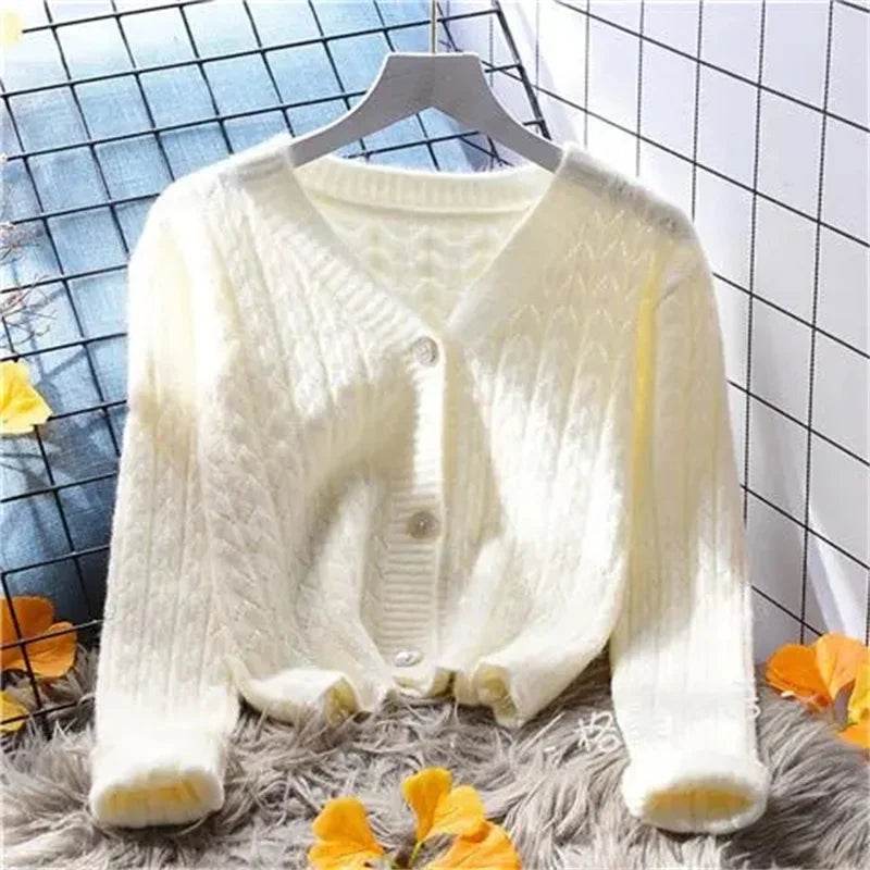 Women Cardigans Autumn Winter 2024 Single Breasted V-neck Knitted Sweater Spring Fashion Short Knitwear Solid Cardigan Jumpers - AIAZ